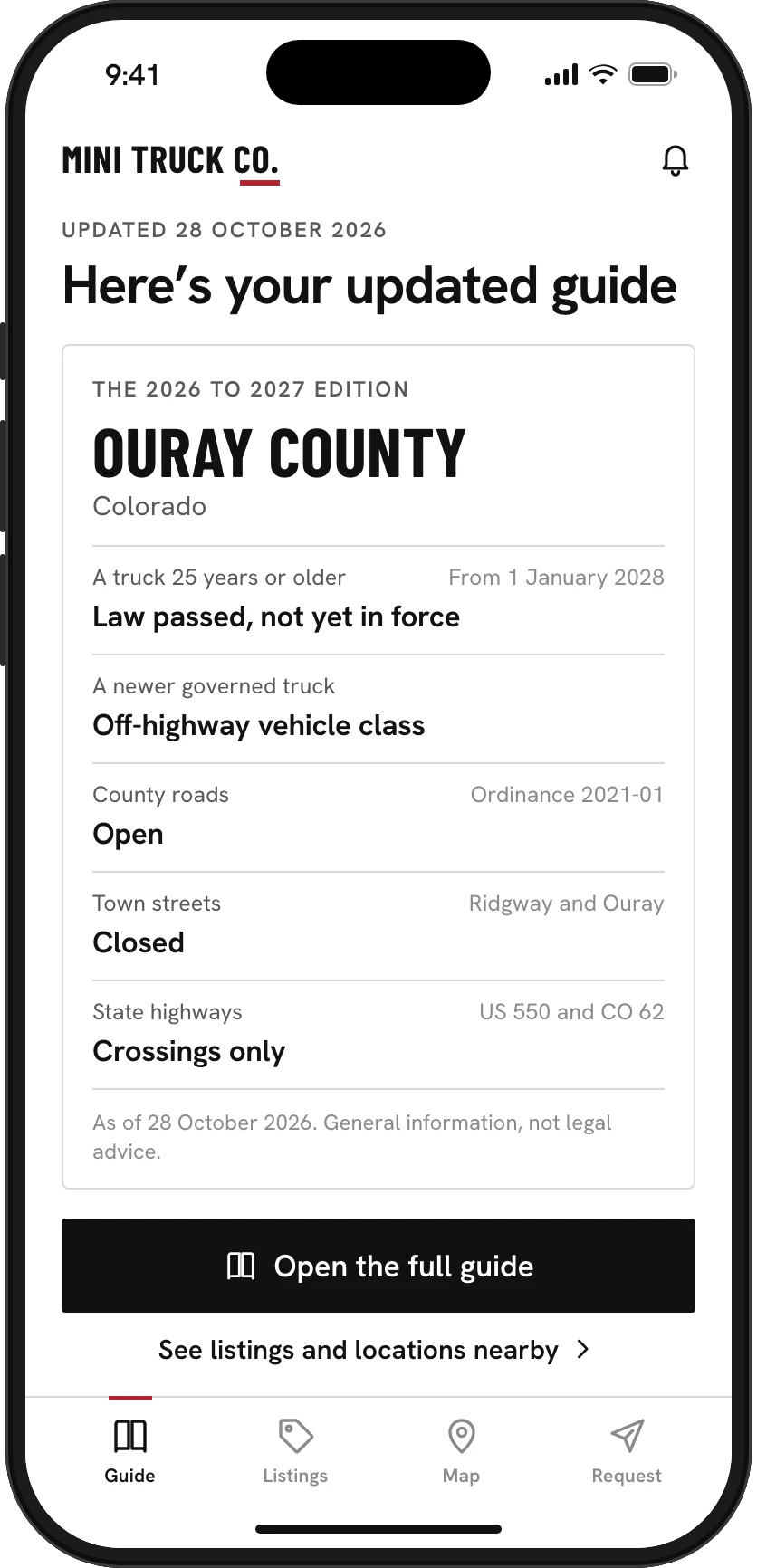 A phone showing the guide for Ouray County, Colorado, with its road answer, county roads, town streets and state highways